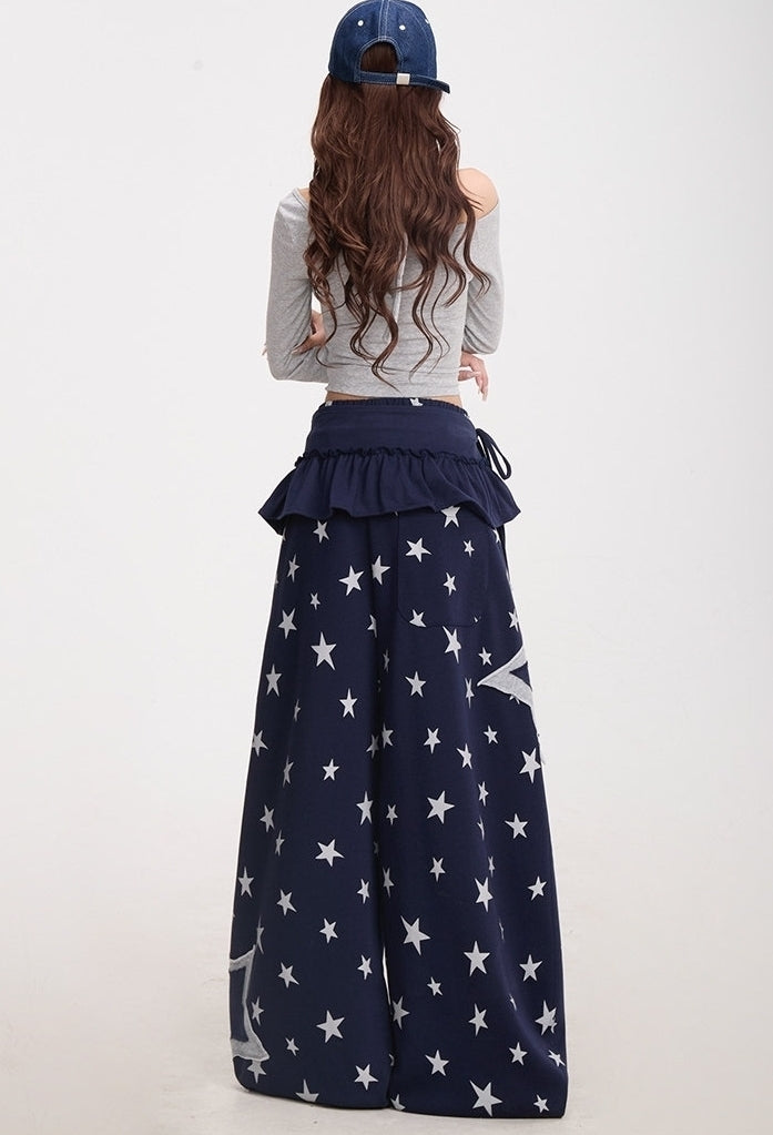 Star Print Wide Leg Layered Look Casual Sweatpants