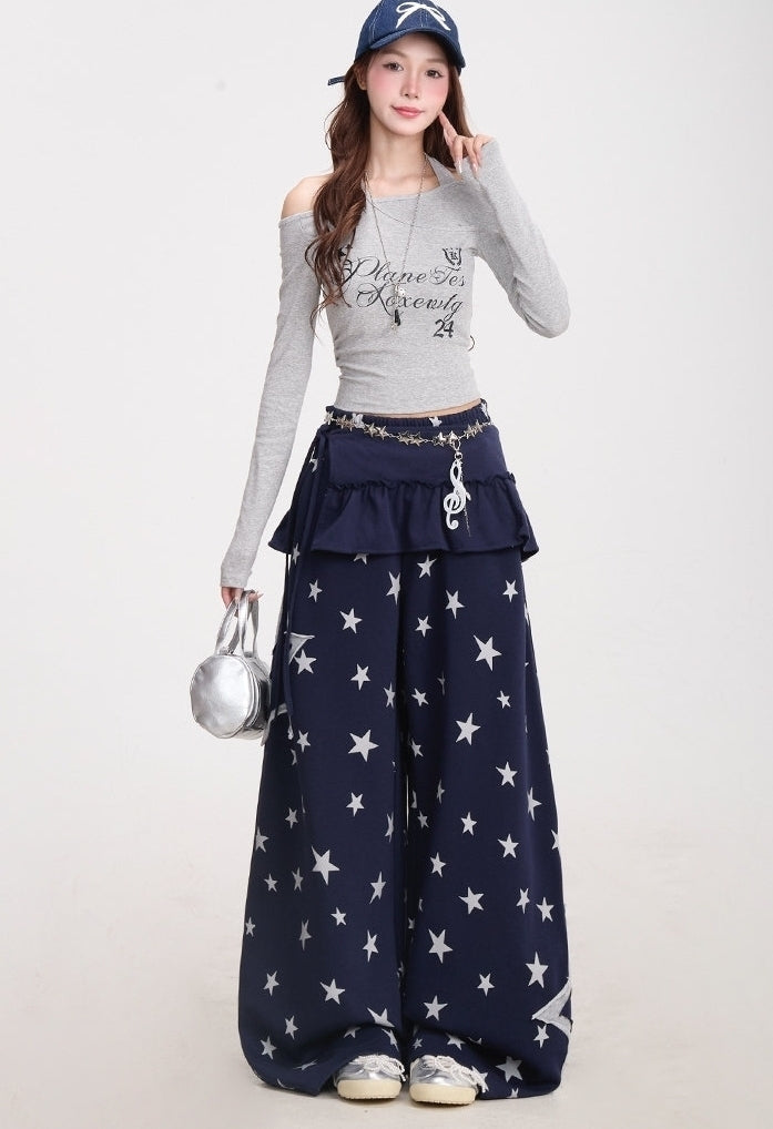 Star Print Wide Leg Layered Look Casual Sweatpants