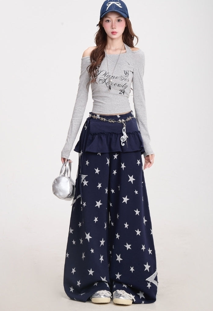 Star Print Wide Leg Layered Look Casual Sweatpants