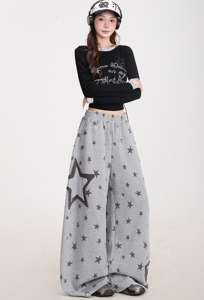 Star Print Wide Leg Layered Look Casual Sweatpants