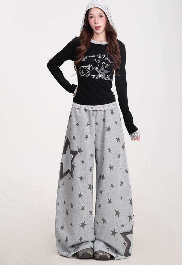 Star Print Wide Leg Layered Look Casual Sweatpants