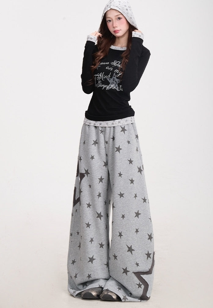 Star Print Wide Leg Layered Look Casual Sweatpants