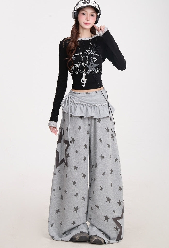 Star Print Wide Leg Layered Look Casual Sweatpants