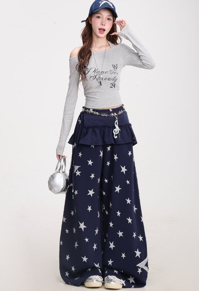 Star Print Wide Leg Layered Look Casual Sweatpants