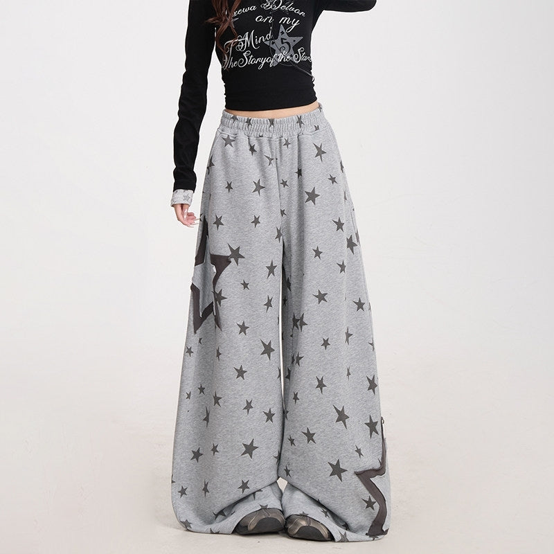 Star Print Wide Leg Layered Look Casual Sweatpants