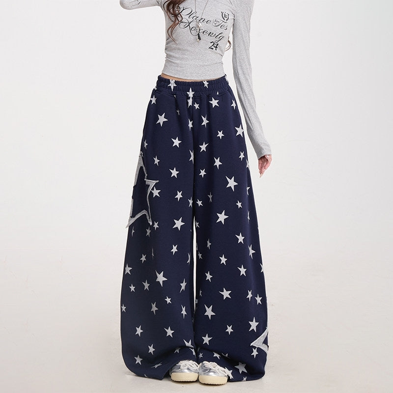 Star Print Wide Leg Layered Look Casual Sweatpants