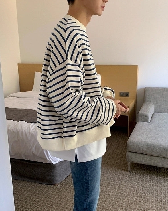 Striped Casual Crewneck Sweatshirt Fashionable Loose Fit