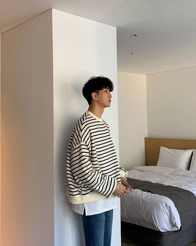 Striped Casual Crewneck Sweatshirt Fashionable Loose Fit