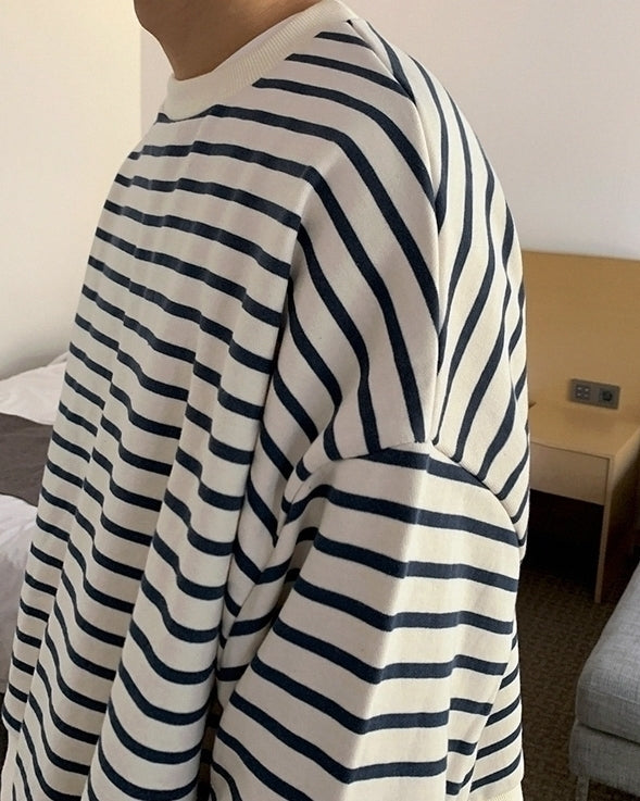 Striped Casual Crewneck Sweatshirt Fashionable Loose Fit