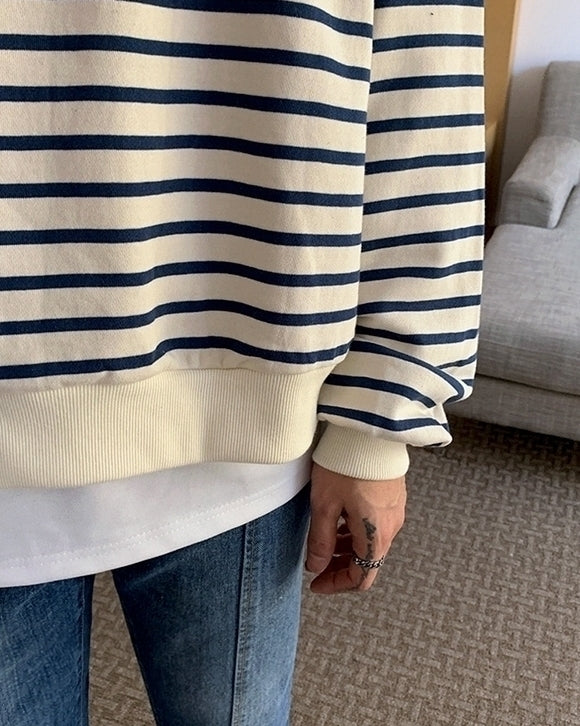 Striped Casual Crewneck Sweatshirt Fashionable Loose Fit