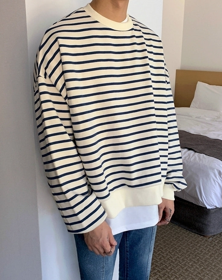 Striped Casual Crewneck Sweatshirt Fashionable Loose Fit