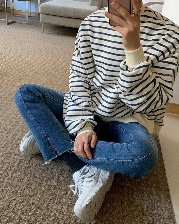 Striped Casual Crewneck Sweatshirt Fashionable Loose Fit