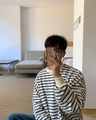 Striped Casual Crewneck Sweatshirt Fashionable Loose Fit