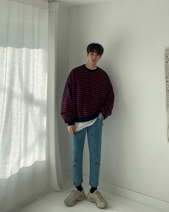 Striped Casual Crewneck Sweatshirt Fashionable Loose Fit