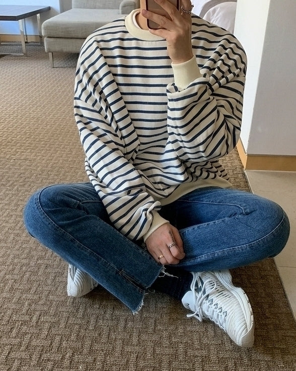 Striped Casual Crewneck Sweatshirt Fashionable Loose Fit