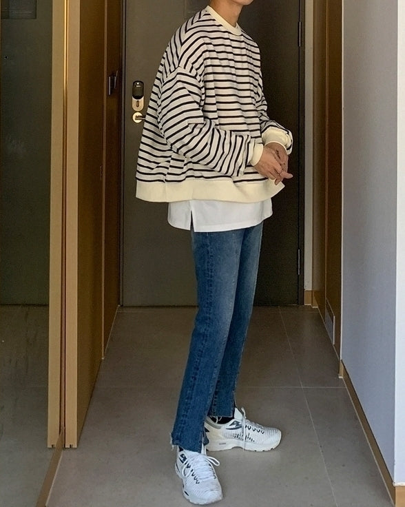 Striped Casual Crewneck Sweatshirt Fashionable Loose Fit
