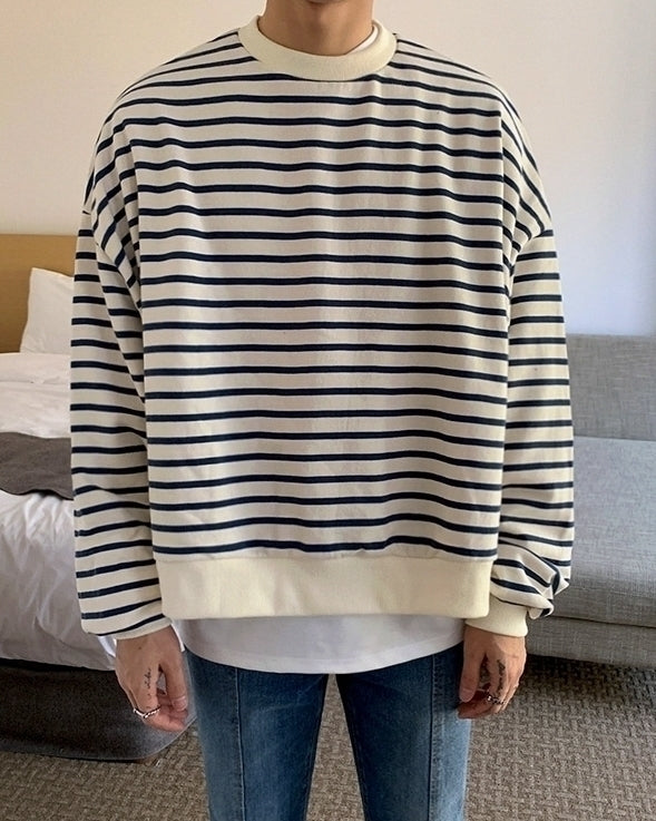 Striped Casual Crewneck Sweatshirt Fashionable Loose Fit