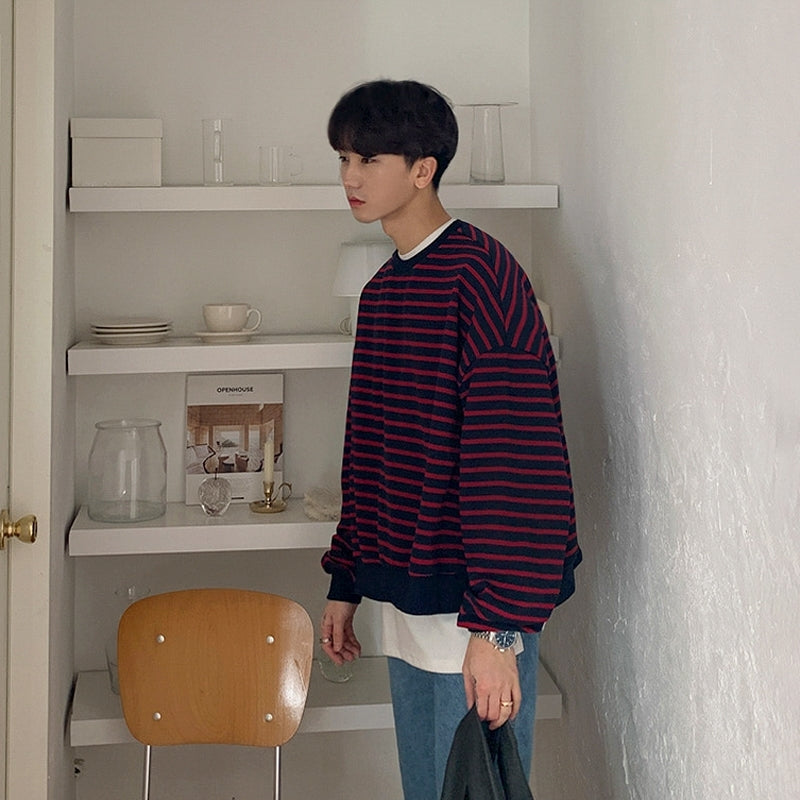Striped Casual Crewneck Sweatshirt Fashionable Loose Fit