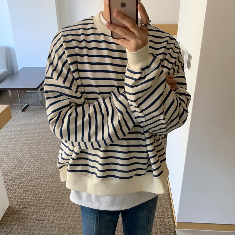 Striped Casual Crewneck Sweatshirt Fashionable Loose Fit