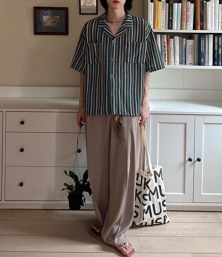 Striped Casual Short Sleeve Cuban Collar Shirt