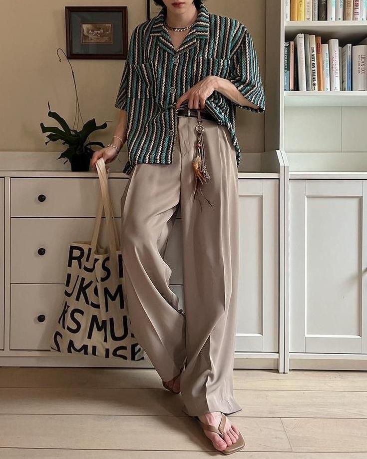 Striped Casual Short Sleeve Cuban Collar Shirt