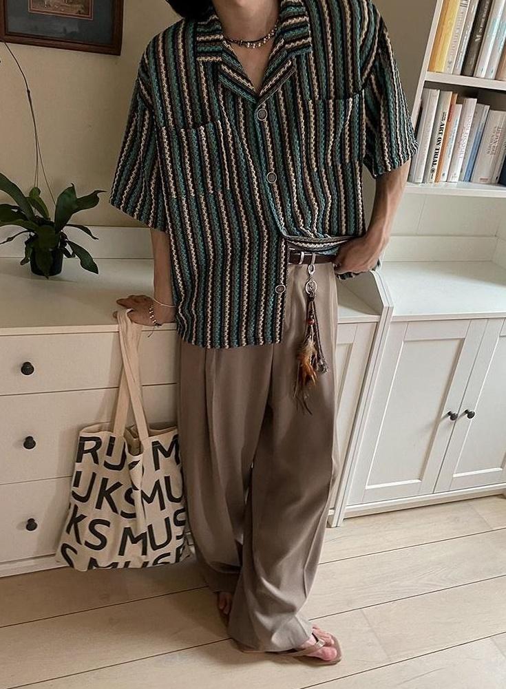 Striped Casual Short Sleeve Cuban Collar Shirt