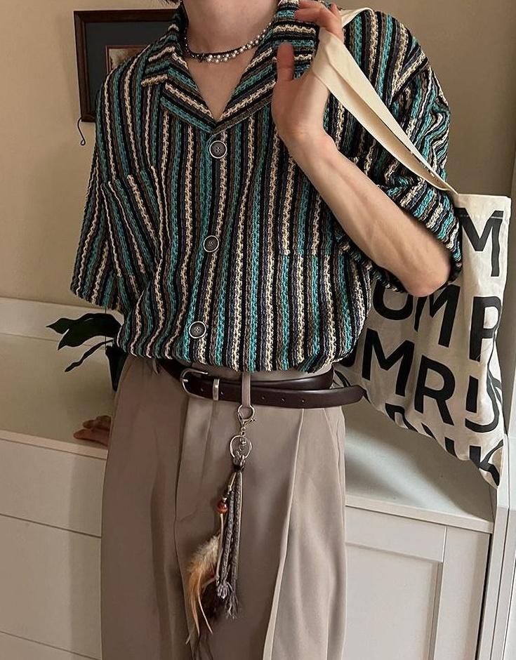 Striped Casual Short Sleeve Cuban Collar Shirt