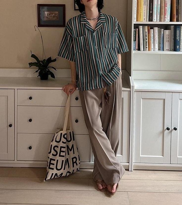 Striped Casual Short Sleeve Cuban Collar Shirt