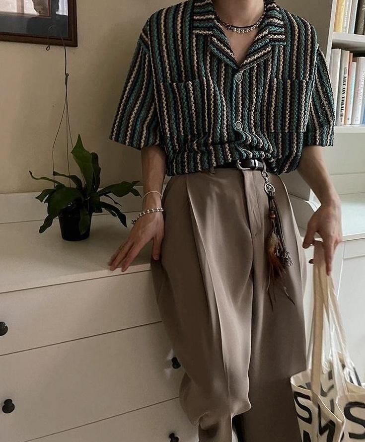 Striped Casual Short Sleeve Cuban Collar Shirt