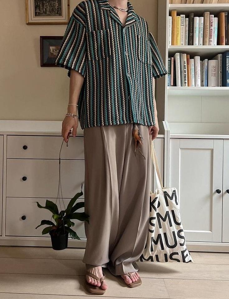Striped Casual Short Sleeve Cuban Collar Shirt