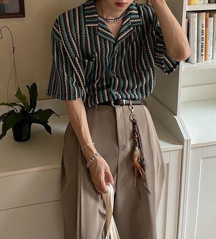 Striped Casual Short Sleeve Cuban Collar Shirt