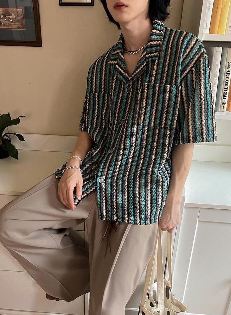 Striped Casual Short Sleeve Cuban Collar Shirt