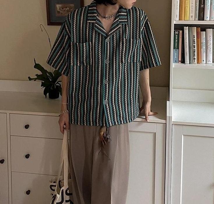 Striped Casual Short Sleeve Cuban Collar Shirt