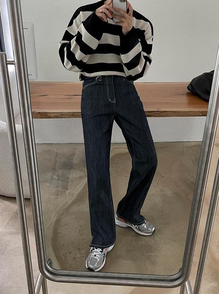 Striped Crewneck Long Sleeve Knit Sweater