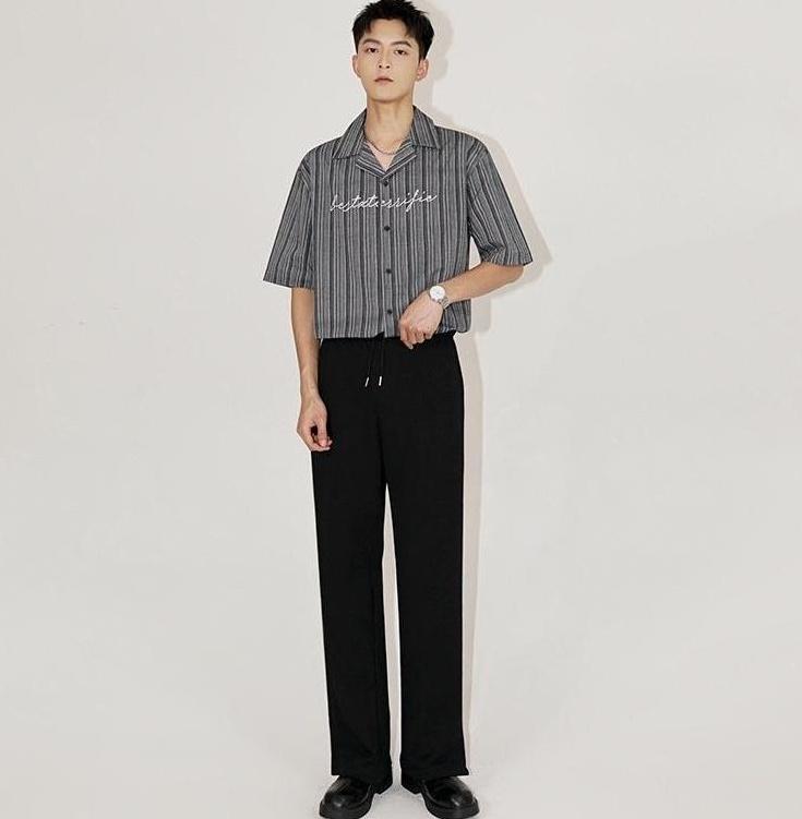 Striped Cuban Collar Embroidered Shirt