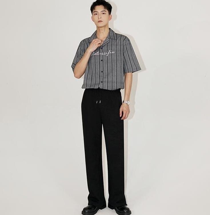 Striped Cuban Collar Embroidered Shirt