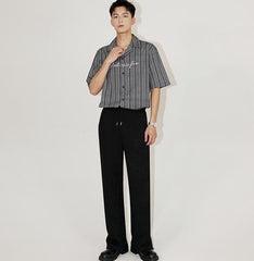 Striped Cuban Collar Embroidered Shirt