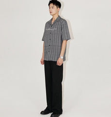 Striped Cuban Collar Embroidered Shirt