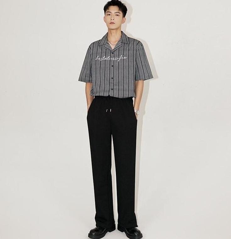 Striped Cuban Collar Embroidered Shirt