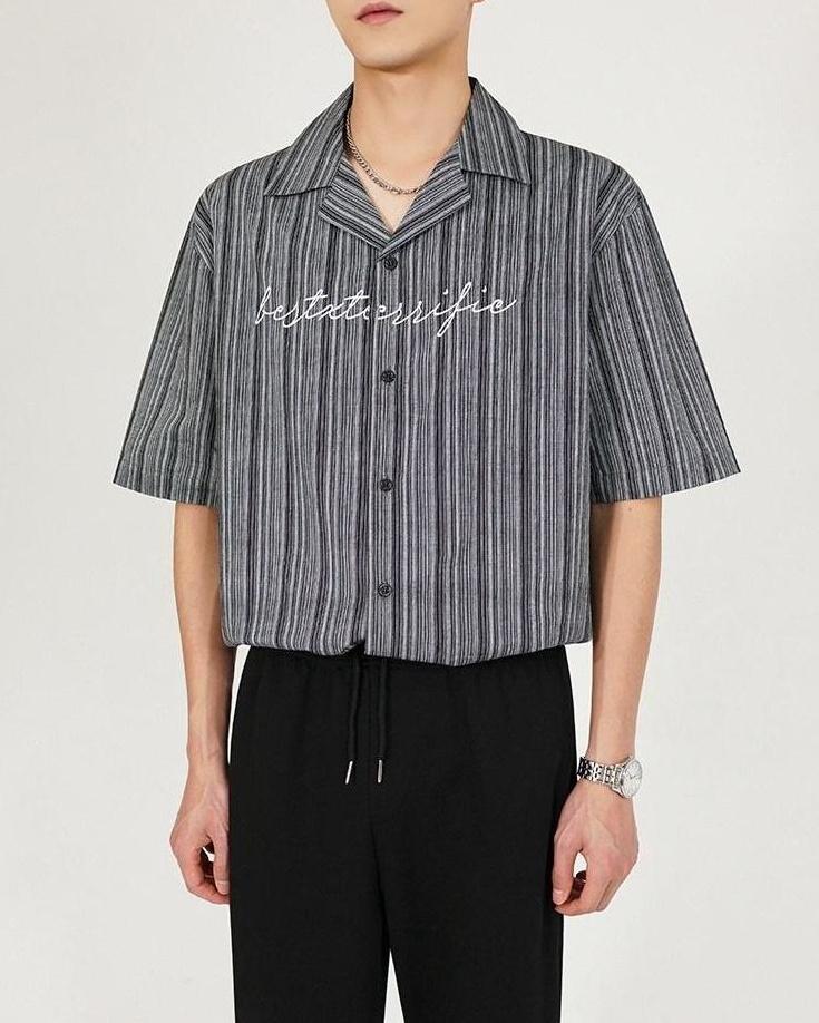 Striped Cuban Collar Embroidered Shirt