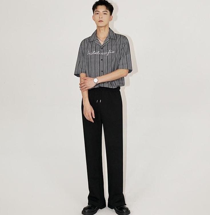 Striped Cuban Collar Embroidered Shirt