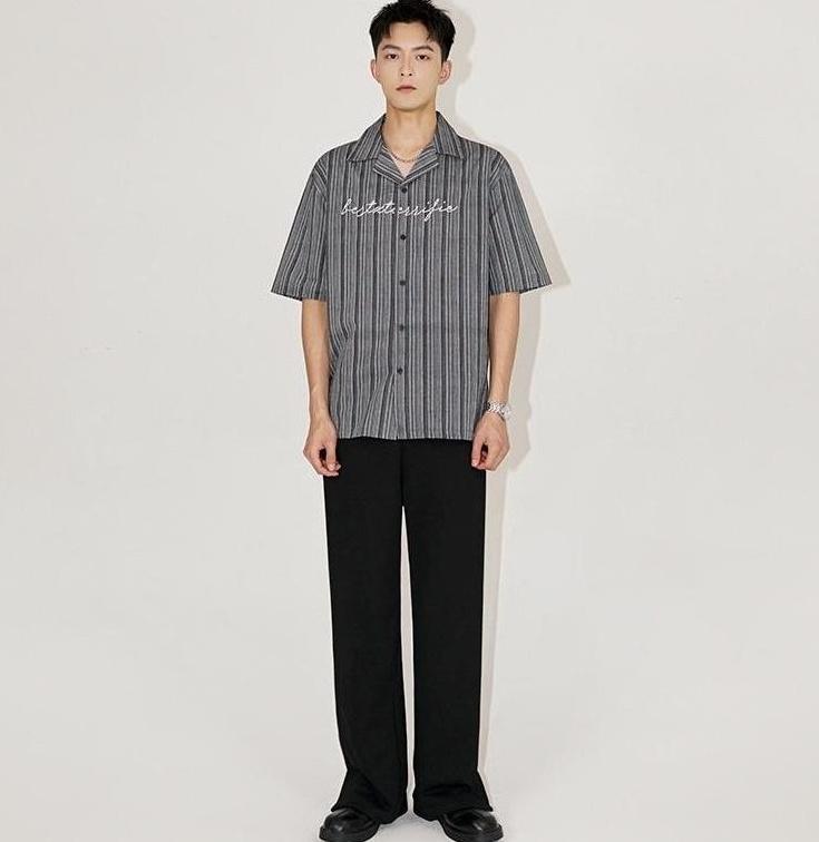 Striped Cuban Collar Embroidered Shirt