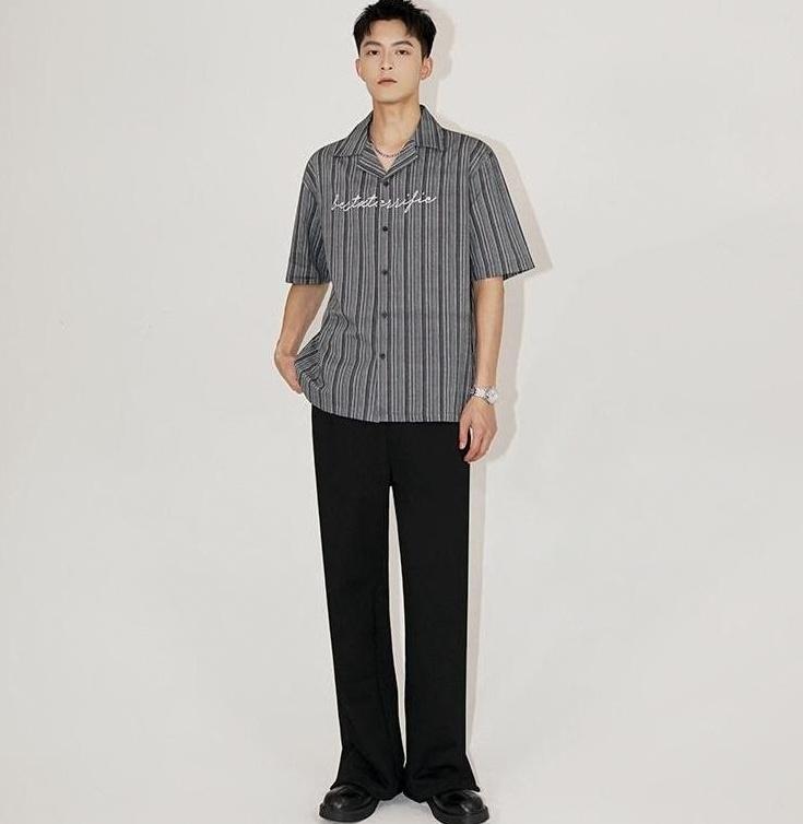 Striped Cuban Collar Embroidered Shirt