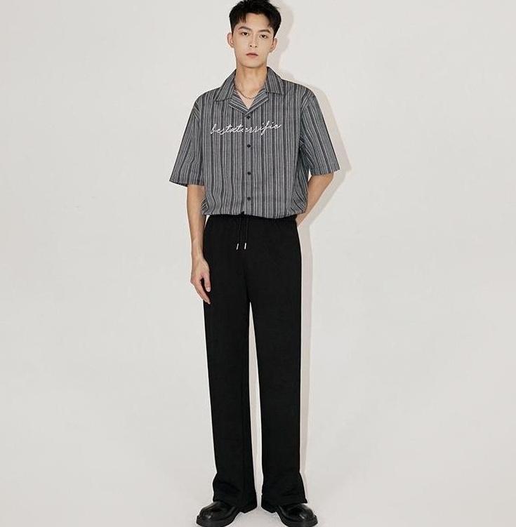 Striped Cuban Collar Embroidered Shirt