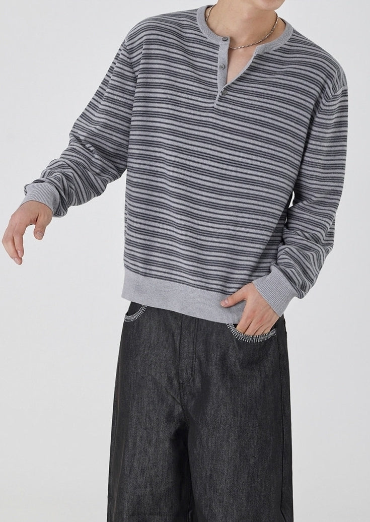 Striped Slim Knit Henley Top