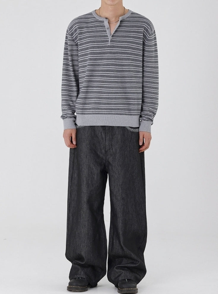 Striped Slim Knit Henley Top