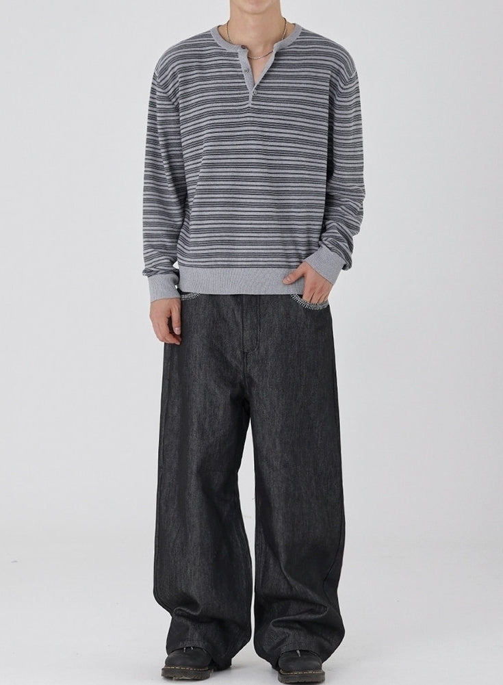 Striped Slim Knit Henley Top