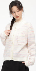 Pink Striped Knit Cardigan With Button Closure And Pockets
