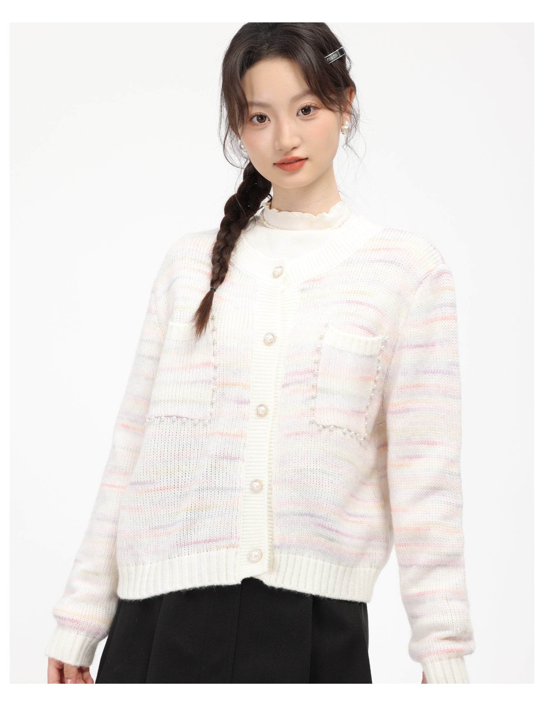 Pink Striped Knit Cardigan With Button Closure And Pockets