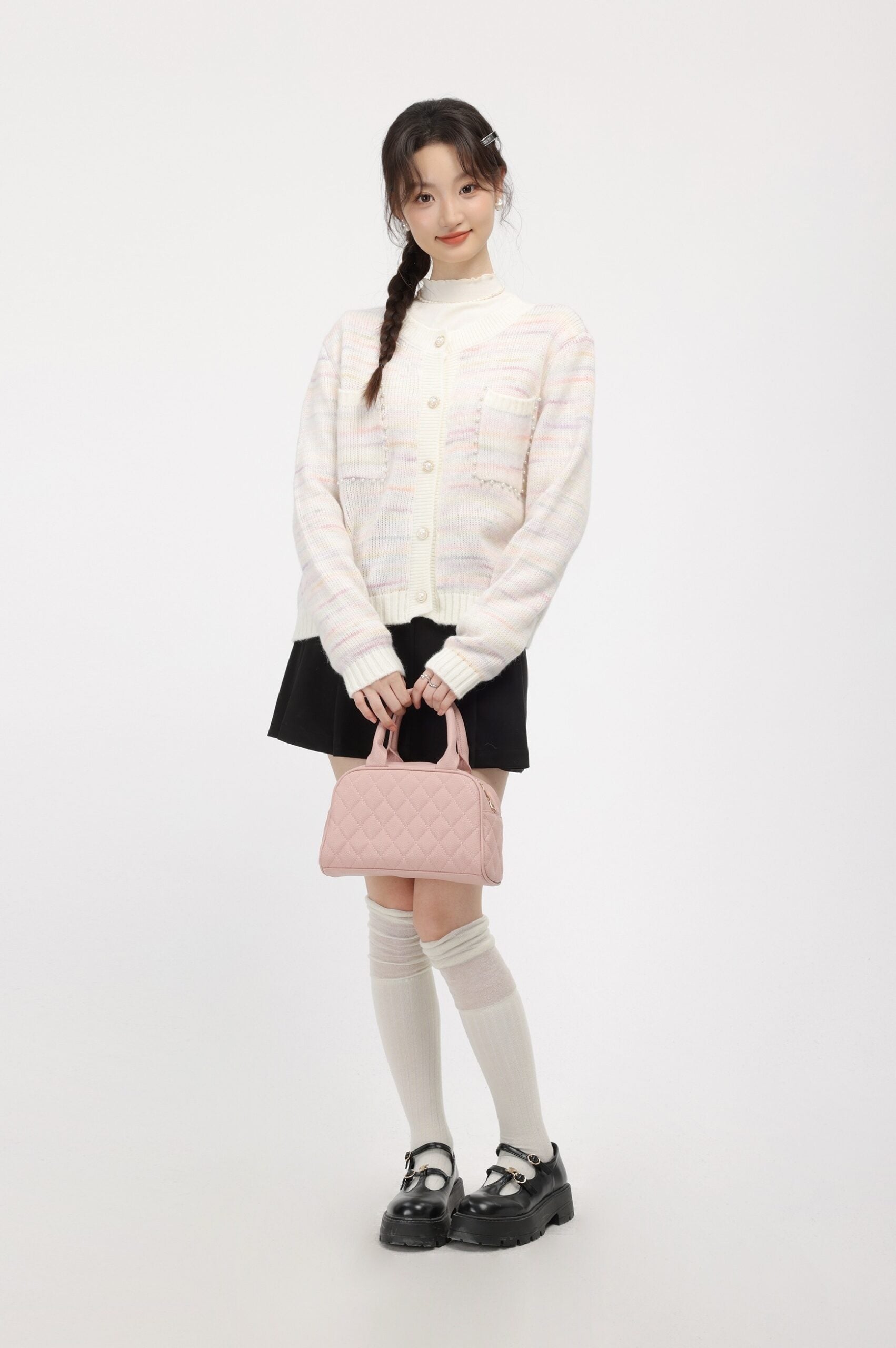 Pink Striped Knit Cardigan With Button Closure And Pockets